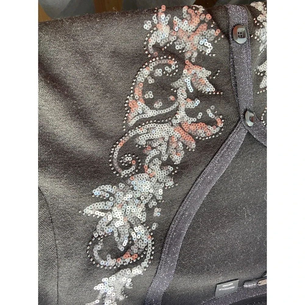 Y2K Miss Me Sequin Embroidered Cardigan Sweater‎ Size L Black McBling Soft Goth
